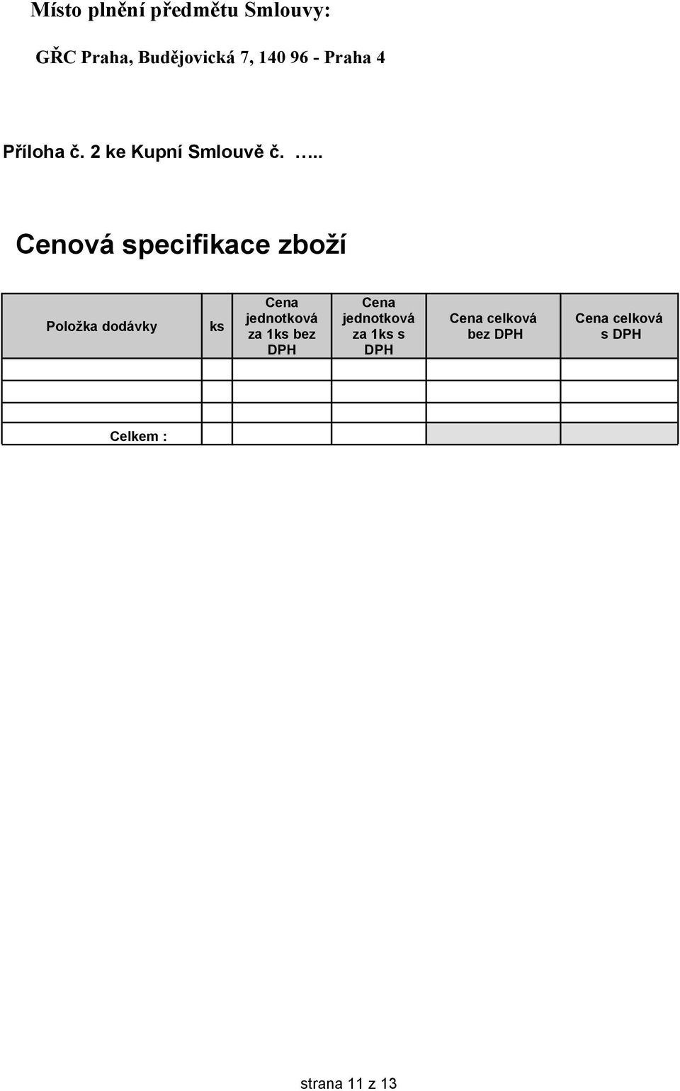 .. Cenová specifikace zboží Položka dodávky ks Cena jednotková za