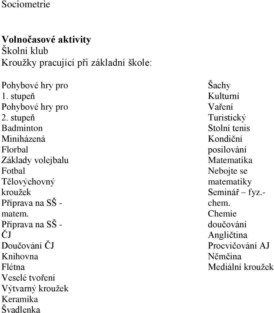 Příprava na SŠ - ČJ Doučování ČJ Knihovna Flétna Veselé tvoření Výtvarný kroužek Keramika Švadlenka Šachy Kulturní Vaření