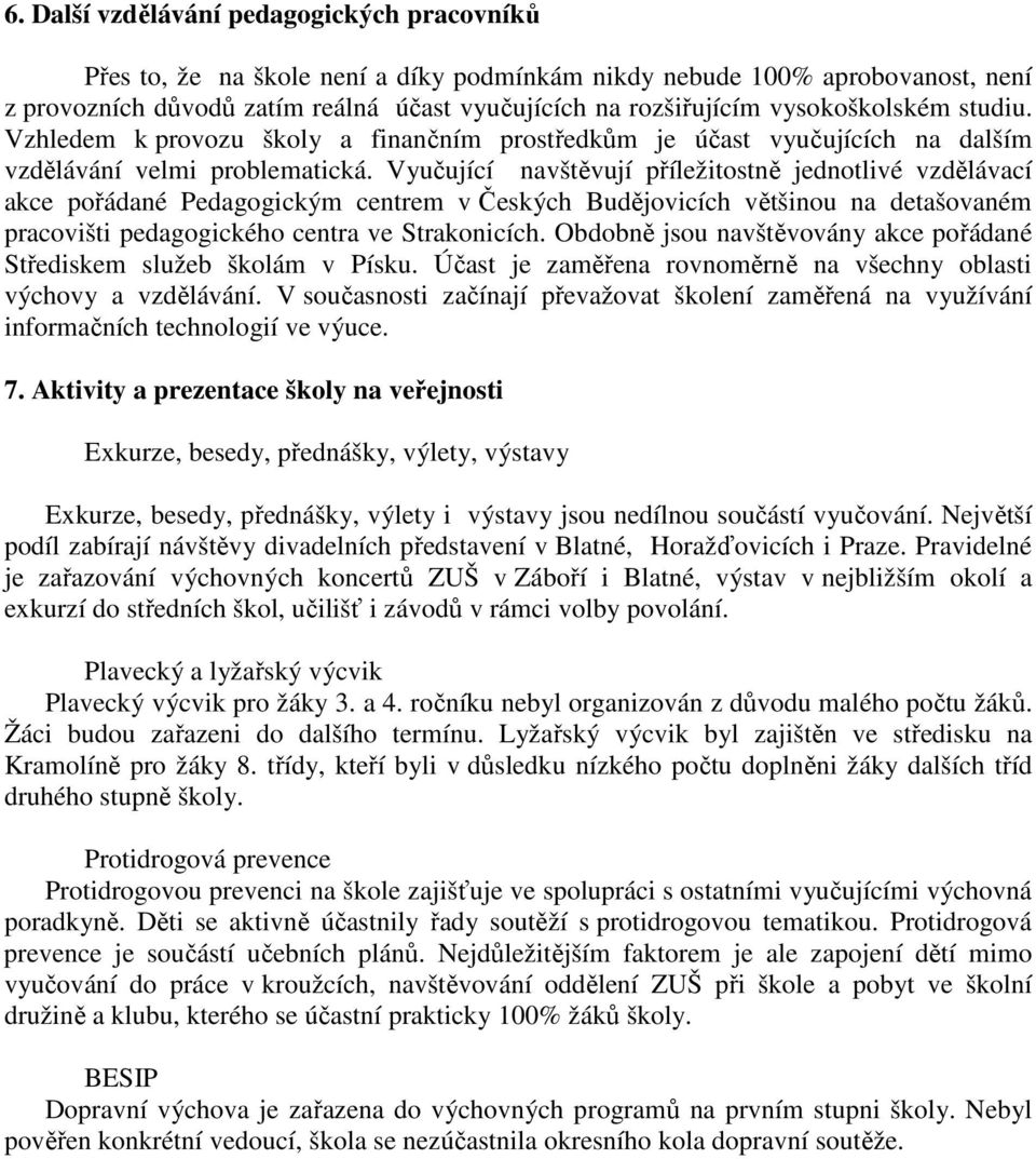 Vyučující navštěvují příležitostně jednotlivé vzdělávací akce pořádané Pedagogickým centrem v Českých Budějovicích většinou na detašovaném pracovišti pedagogického centra ve Strakonicích.
