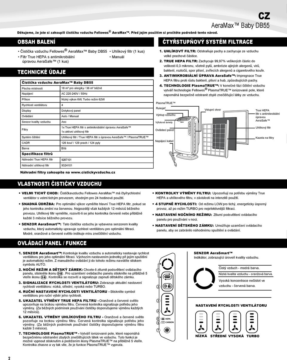 místnosti Napájení Příkon Rychlosti ventilátoru 4 Display Ovládání Senzor kvality vzduchu Filtry Systém čištění CADR Barva Specifikace filtrů 18 m² pro alergiky / 36 m² běžně AC 220-240V / 50Hz Nízký