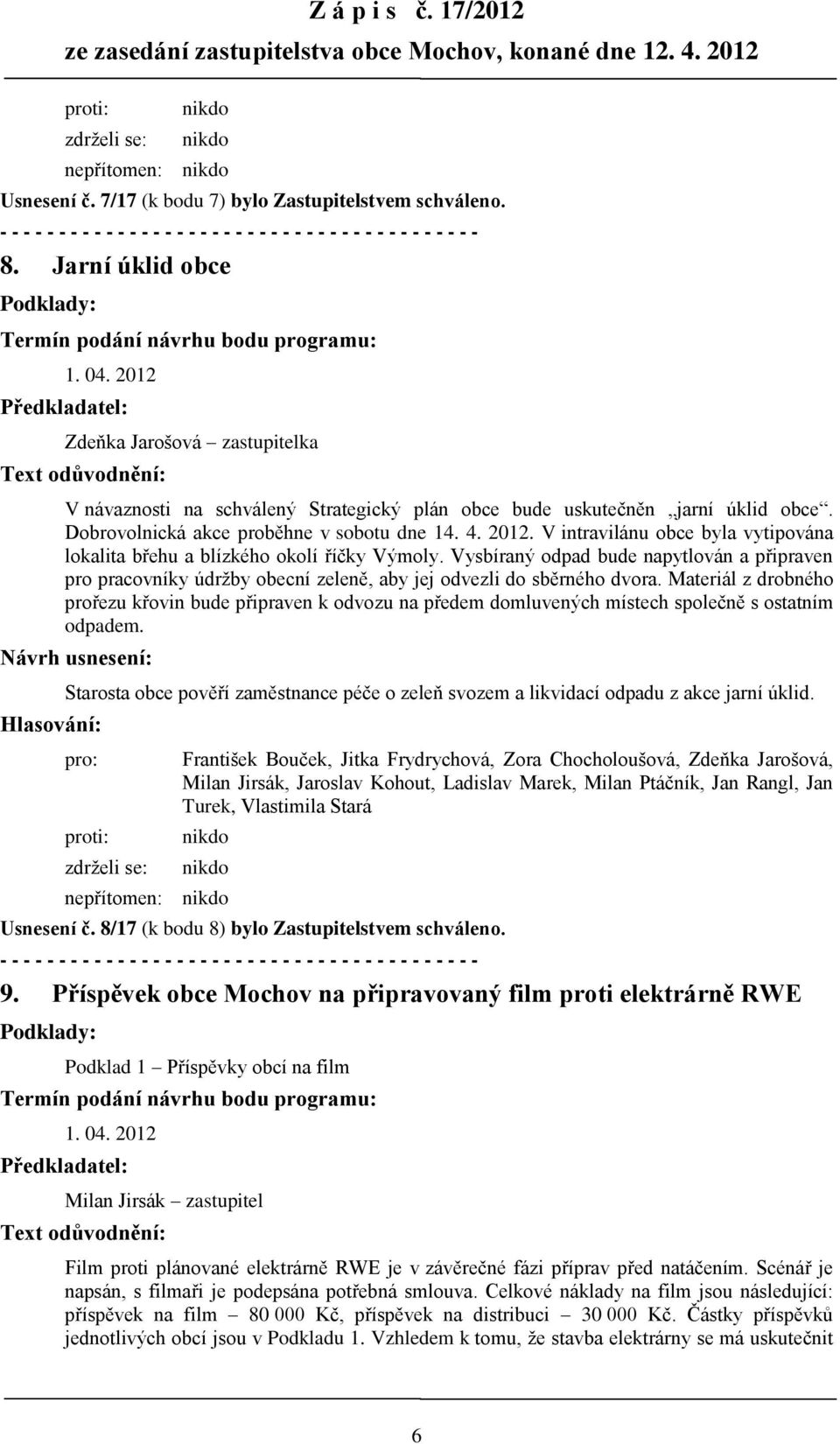 V intravilánu obce byla vytipována lokalita břehu a blízkého okolí říčky Výmoly. Vysbíraný odpad bude napytlován a připraven pro pracovníky údržby obecní zeleně, aby jej odvezli do sběrného dvora.