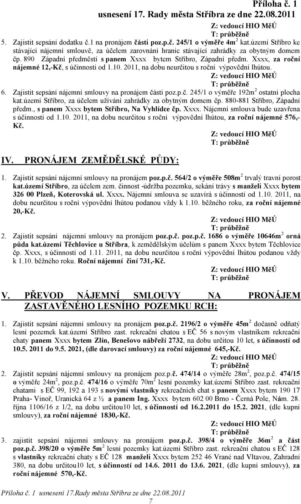 Zajistit sepsání nájemní smlouvy na pronájem části poz.p.č. 245/1 o výměře 192m 2 ostatní plocha kat.území Stříbro, za účelem užívání zahrádky za obytným domem čp. 880-881 Stříbro, Západní předm.