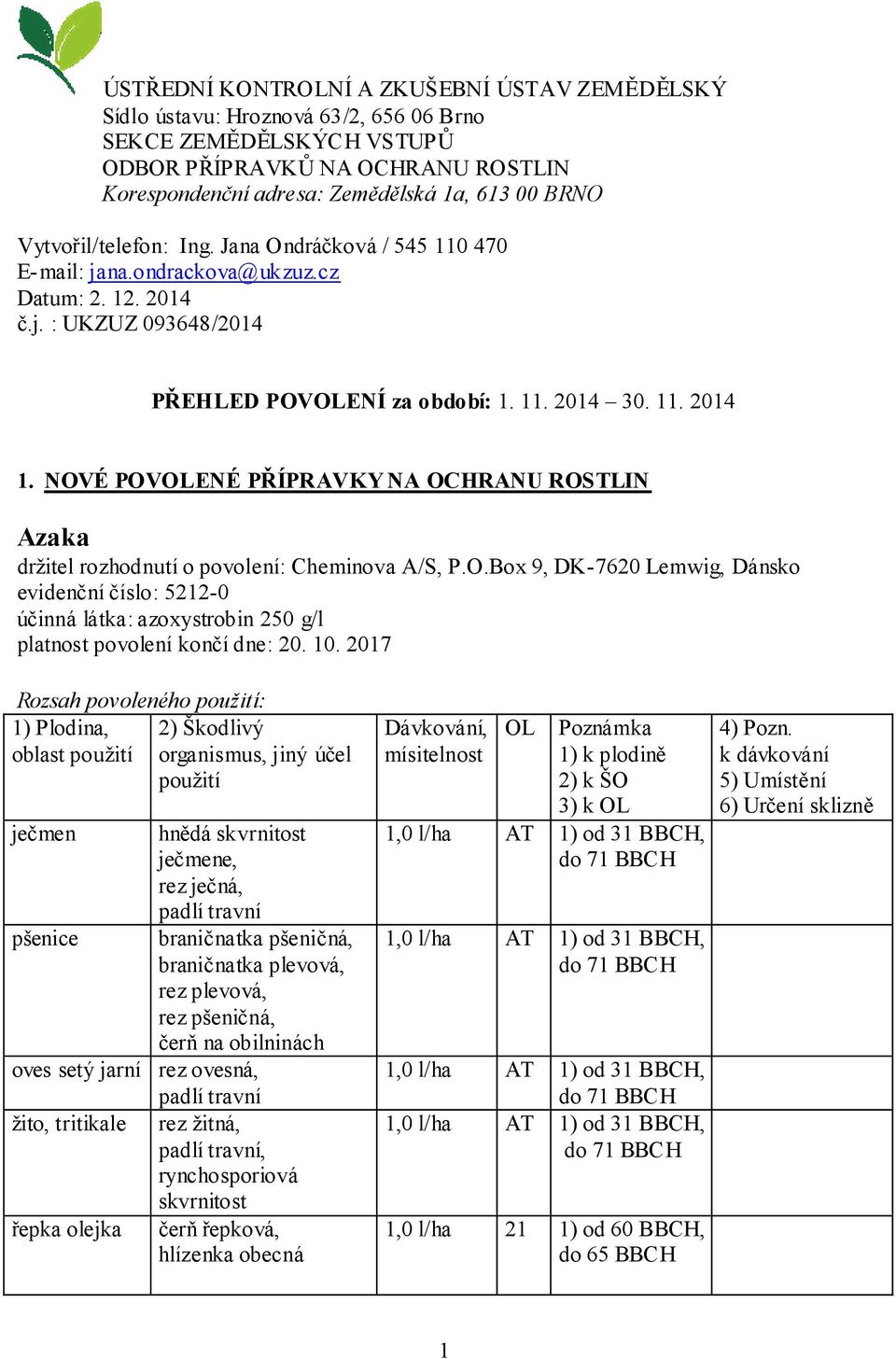 NOVÉ POVOLENÉ PŘÍPRAVKY NA OCHRANU ROSTLIN Azaka držitel rozhodnutí o povolení: Cheminova A/S, P.O.Box 9, DK-7620 Lemwig, Dánsko evidenční číslo: 5212-0 účinná látka: azoxystrobin 250 g/l platnost povolení končí dne: 20.