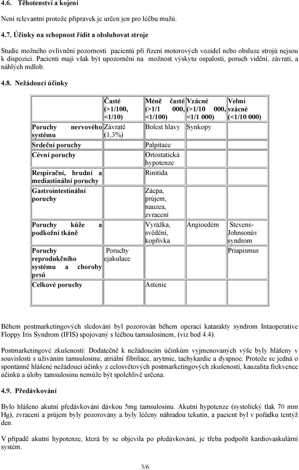 Pacienti mají však být upozorněni na možnost výskytu ospalosti, poruch vidění, závratí, a náhlých mdlob. 4.8.