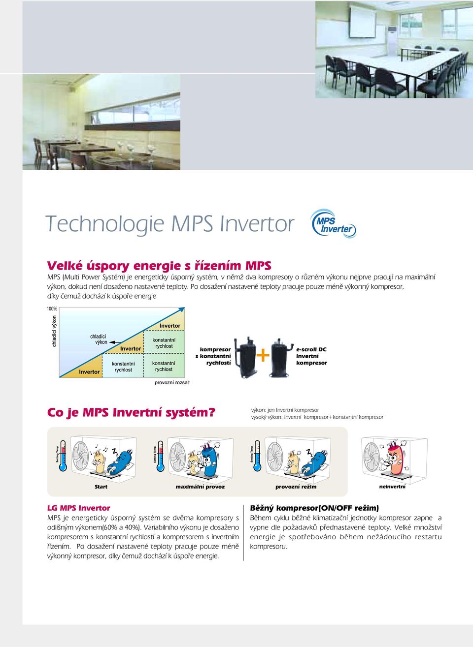 Po dosažení nastavené teploty pracuje pouze méně výkonný kompresor, díky čemuž dochází k úspoře energie kompresor s konstantní rychlostí + escroll DC invertní kompresor Co je MPS Invertní systém?