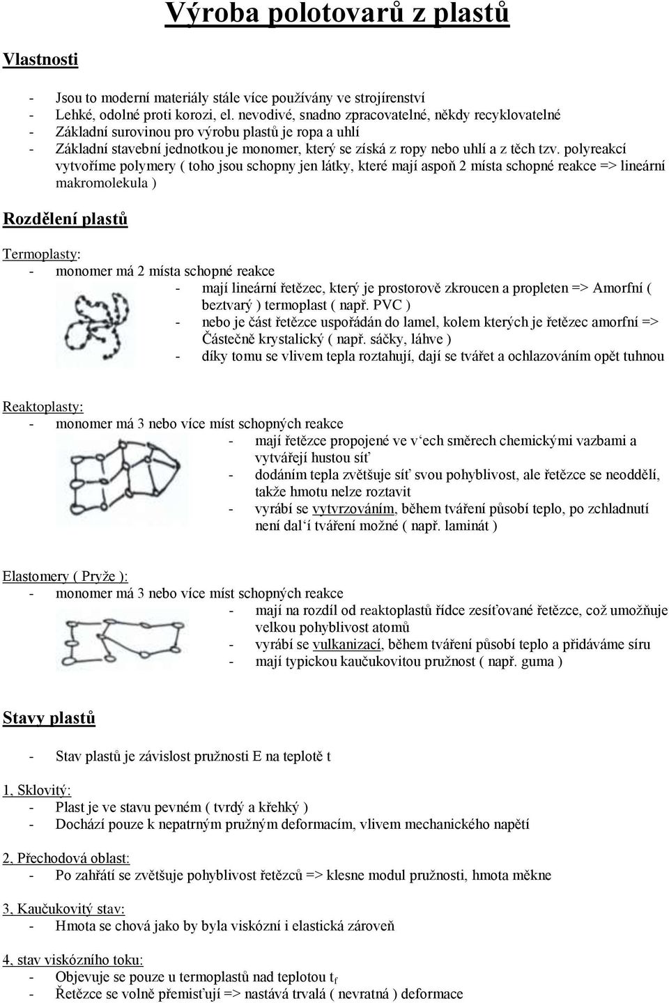 polyreakcí vytvoříme polymery ( toho jsou schopny jen látky, které mají aspoň 2 místa schopné reakce => lineární makromolekula ) Rozdělení plastů Termoplasty: - monomer má 2 místa schopné reakce -