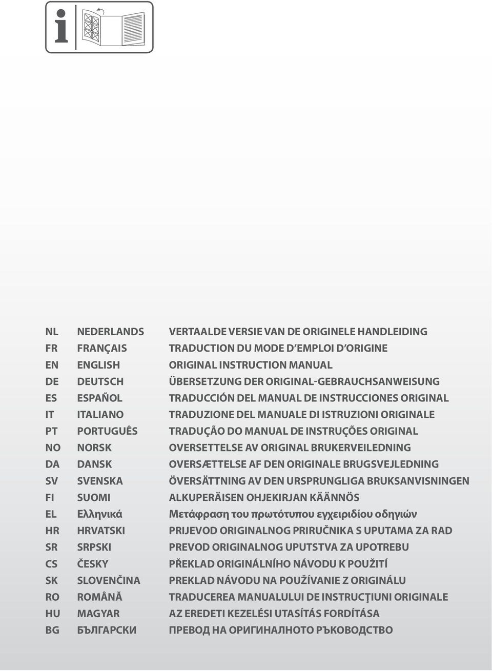original NO Norsk oversettelse av original brukerveiledning DA Dansk oversættelse af den originale brugsvejledning SV Svenska Översättning av den ursprungliga bruksanvisningen FI Suomi alkuperäisen