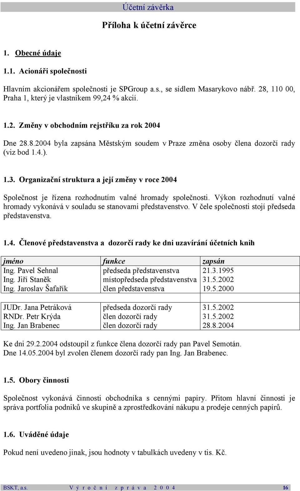 Organizační struktura a její změny v roce 2004 Společnost je řízena rozhodnutím valné hromady společnosti. Výkon rozhodnutí valné hromady vykonává v souladu se stanovami představenstvo.