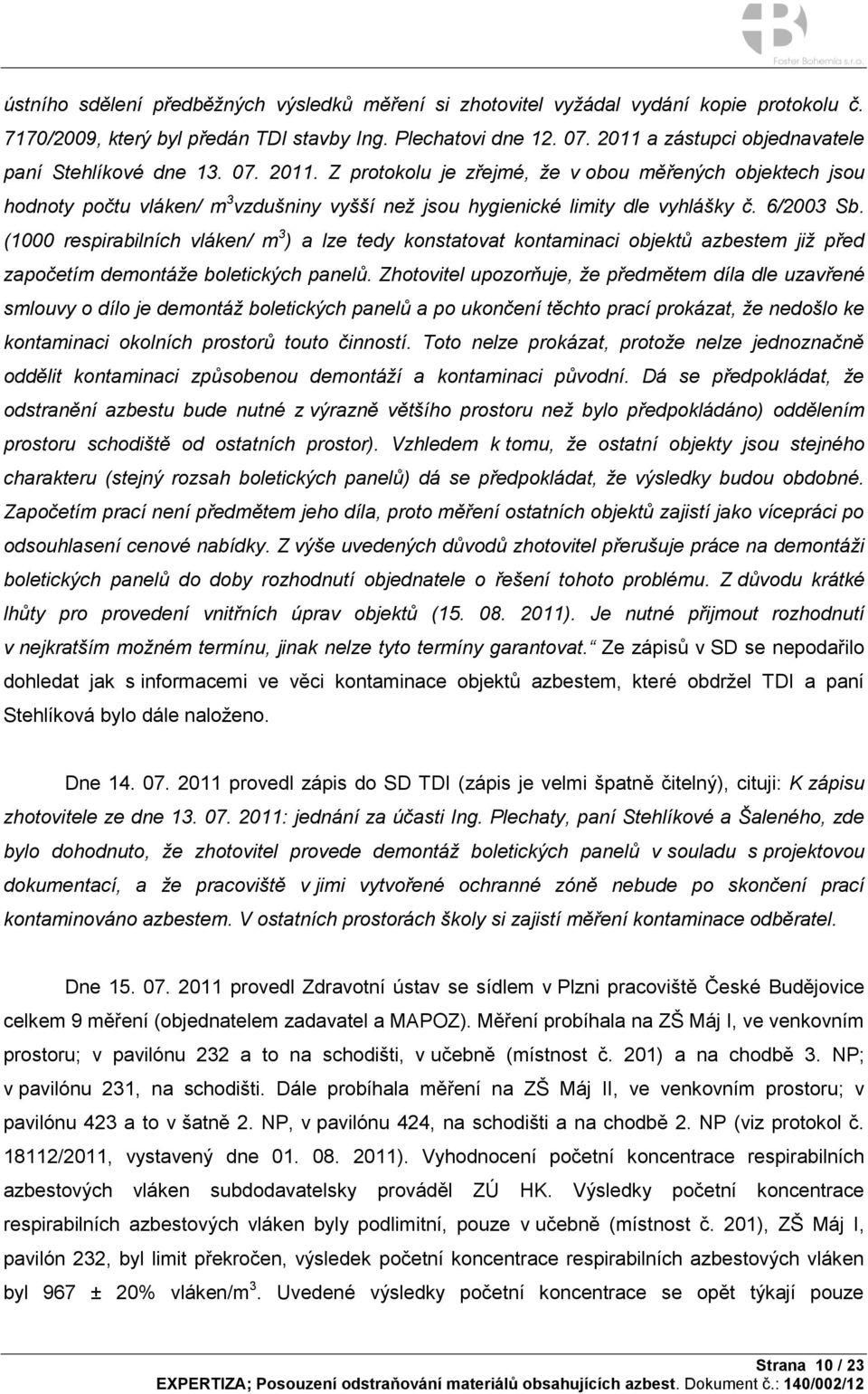 Z protokolu je zřejmé, že v obou měřených objektech jsou hodnoty počtu vláken/ m 3 vzdušniny vyšší než jsou hygienické limity dle vyhlášky č. 6/2003 Sb.