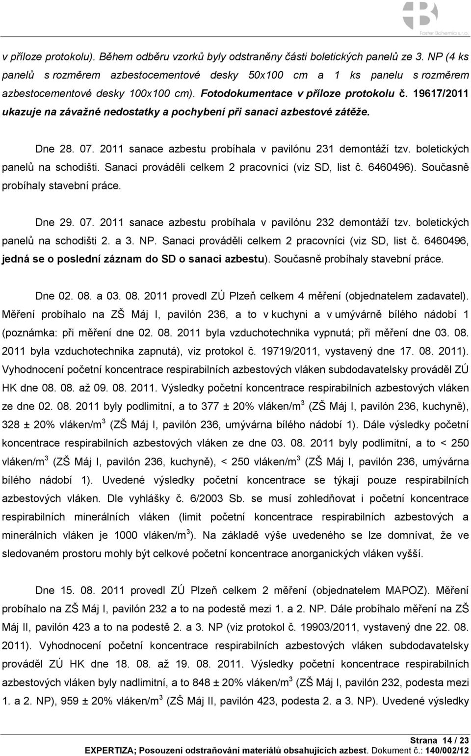 19617/2011 ukazuje na závažné nedostatky a pochybení při sanaci azbestové zátěže. Dne 28. 07. 2011 sanace azbestu probíhala v pavilónu 231 demontáží tzv. boletických panelů na schodišti.