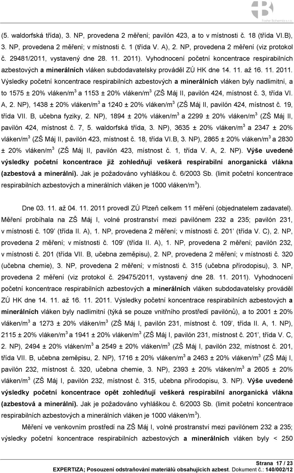 . Vyhodnocení početní koncentrace respirabilních azbestových a minerálních vláken subdodavatelsky prováděl ZÚ HK dne 14. 11. až 16. 11. 2011.