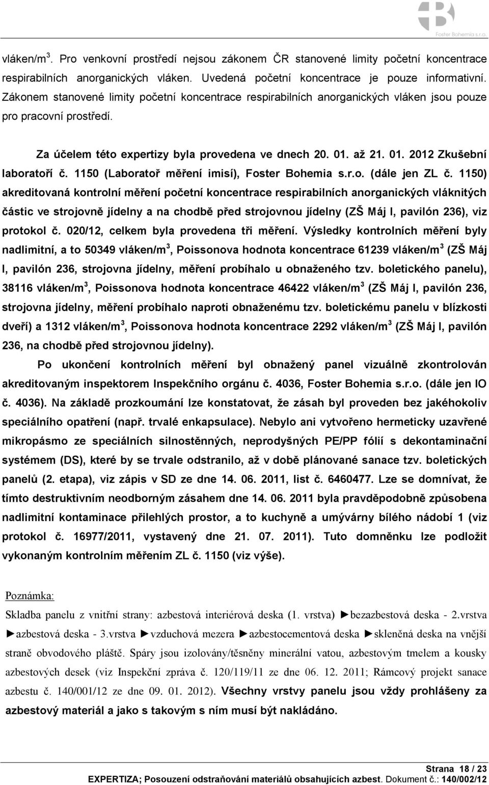 1150 (Laboratoř měření imisí), Foster Bohemia s.r.o. (dále jen ZL č.