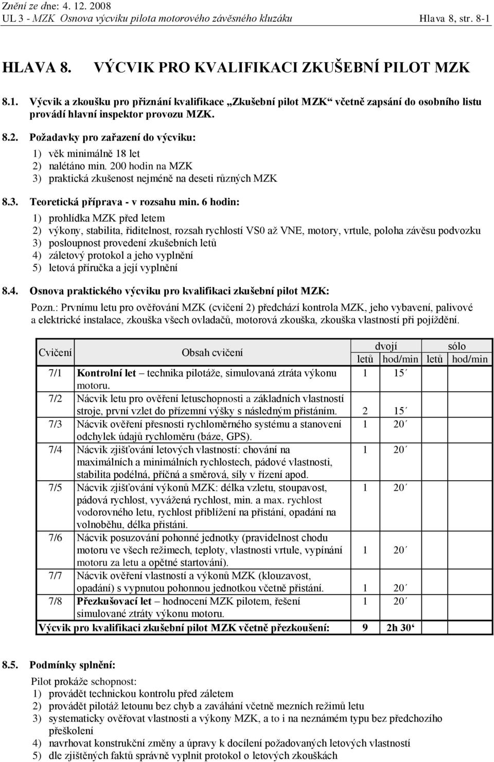 Požadavky pro zařazení do výcviku: 1) věk minimálně 18 let 2) nalétáno min. 200 hodin na MZK 3) praktická zkušenost nejméně na deseti různých MZK 8.3. Teoretická příprava - v rozsahu min.