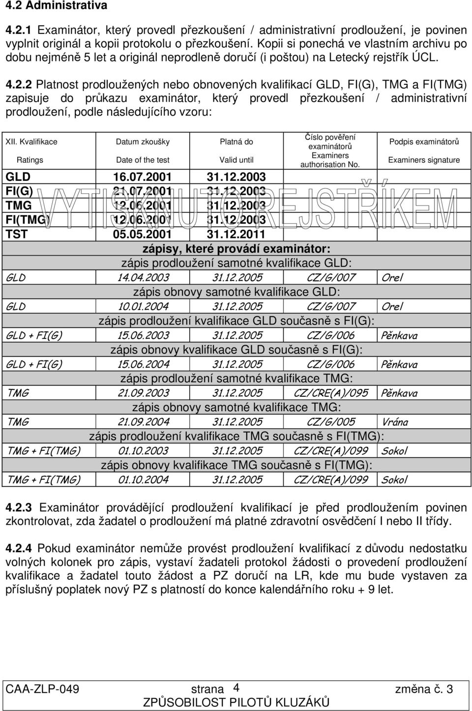 2 Platnost prodloužených nebo obnovených kvalifikací GLD, FI(G), TMG a FI(TMG) zapisuje do průkazu examinátor, který provedl přezkoušení / administrativní prodloužení, podle následujícího vzoru: XII.