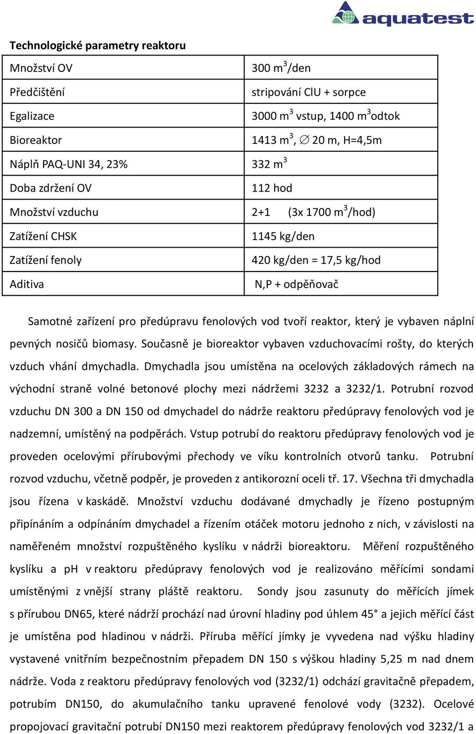 reaktor, který je vybaven náplní pevných nosičů biomasy. Současně je bioreaktor vybaven vzduchovacími rošty, do kterých vzduch vhání dmychadla.