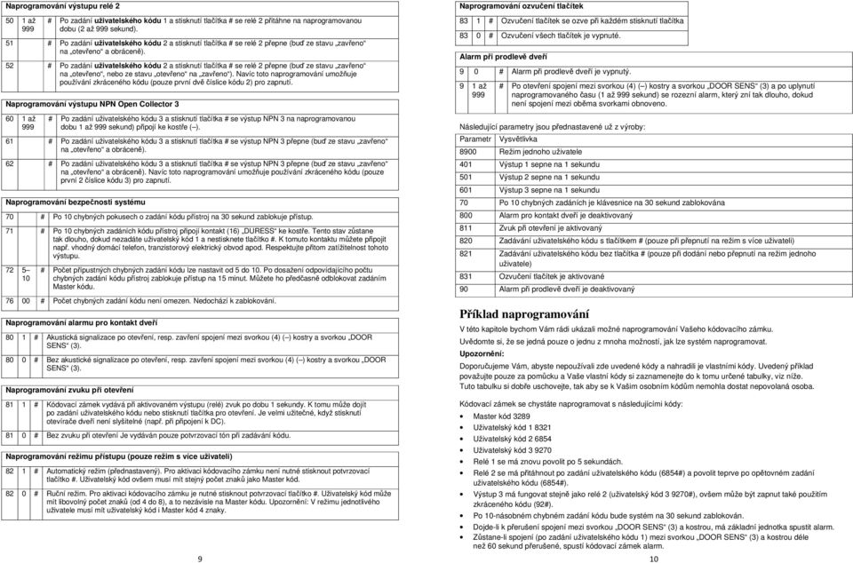 52 # Po zadání uživatelského kódu 2 a stisknutí tlačítka # se relé 2 přepne (buď ze stavu zavřeno na otevřeno, nebo ze stavu otevřeno na zavřeno ).