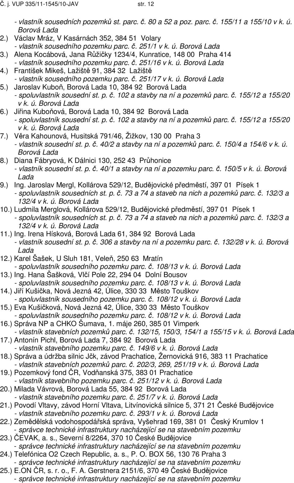 ) Alena Kocábová, Jana Růžičky 1234/4, Kunratice, 148 00 Praha 414 - vlastník sousedního pozemku parc. č. 251/16 v k. ú. Borová Lada 4.