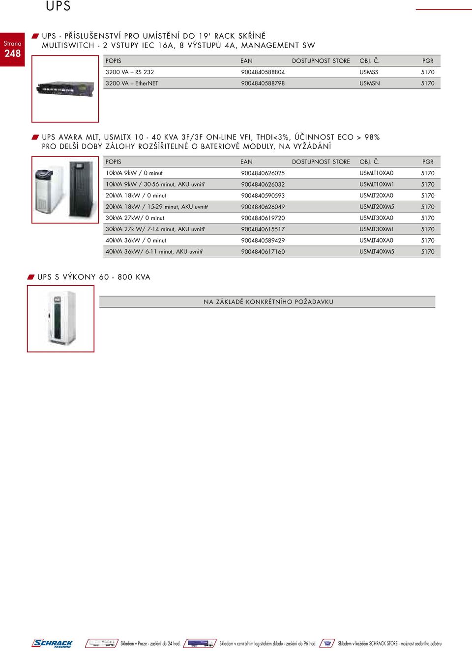 30-56 minut, AKU uvnitř 9004840626032 USMLT10XM1 20kVA 18kW / 0 minut 9004840590593 USMLT20XA0 20kVA 18kW / 15-29 minut, AKU uvnitř 9004840626049 USMLT20XM5 30kVA 27kW/ 0 minut 9004840619720