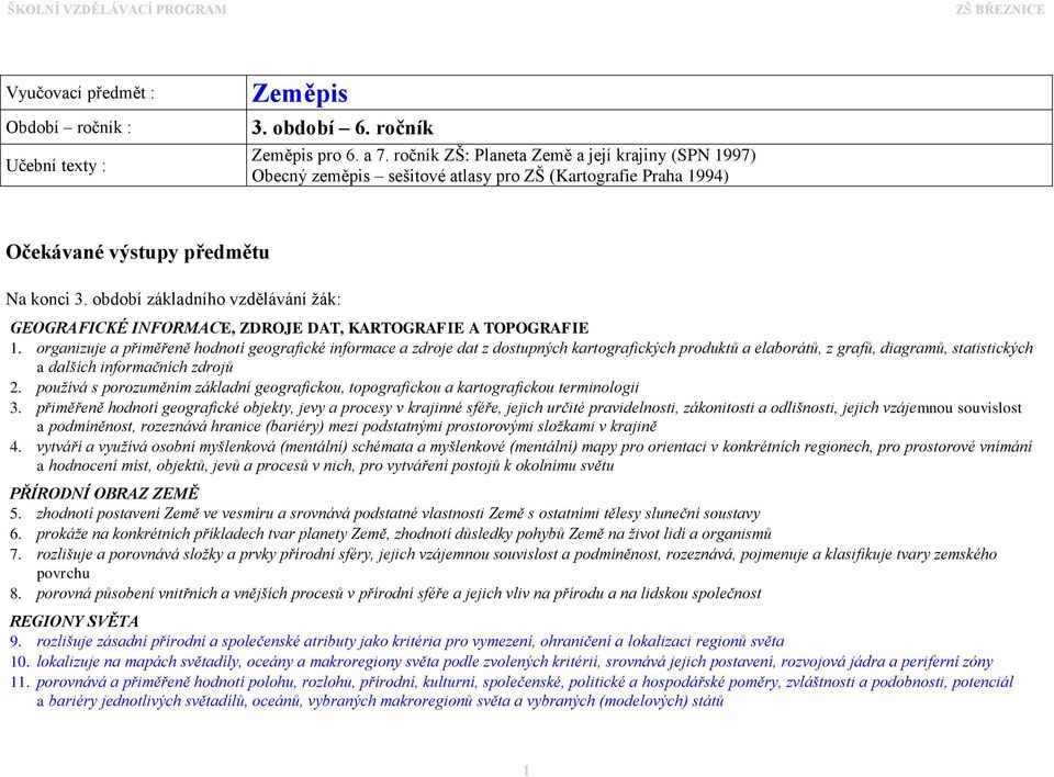 období základního vzdělávání žák: GEOGRAFICKÉ INFORMACE, ZDROJE DAT, KARTOGRAFIE A TOPOGRAFIE 1.