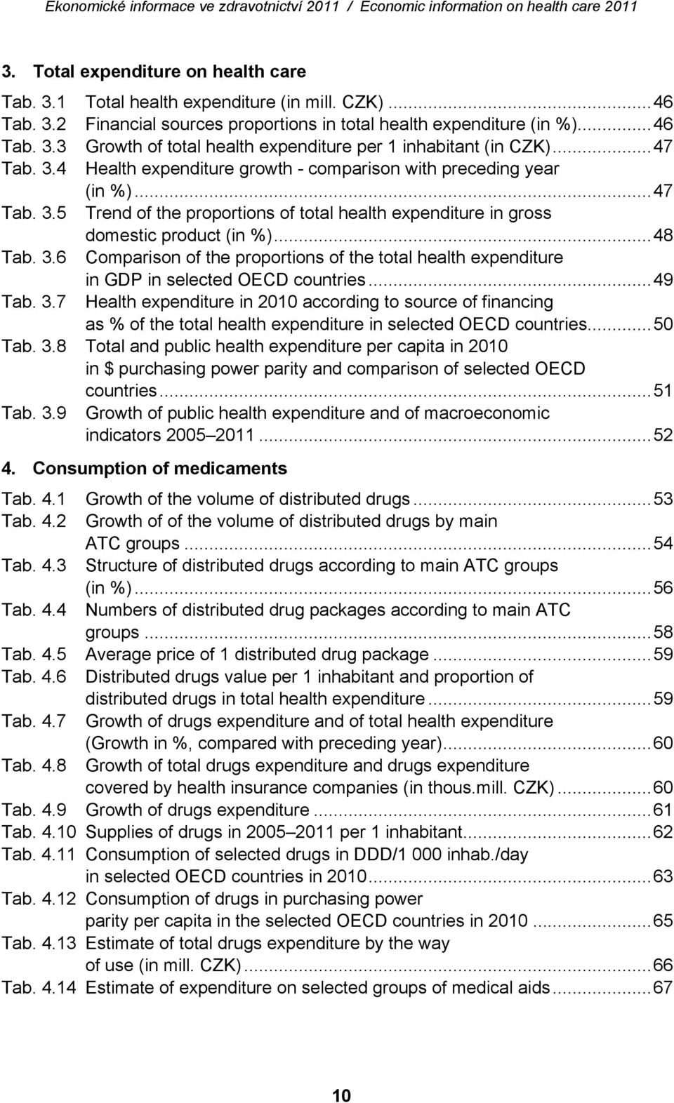 ..49 Tab. 3.7 Health expenditure in 2010 according to source of financing as % of the total health expenditure in selected OECD countries...50 Tab. 3.8 Total and public health expenditure per capita in 2010 in $ purchasing power parity and comparison of selected OECD countries.