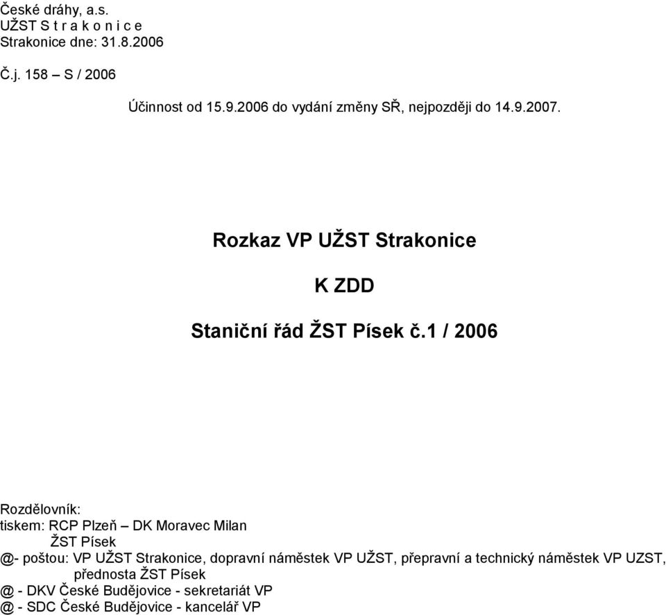 1 / 2006 Rozdělovník: tiskem: RCP Plzeň DK Moravec Milan ŽST Písek @- poštou: VP UŽST Strakonice, dopravní náměstek VP