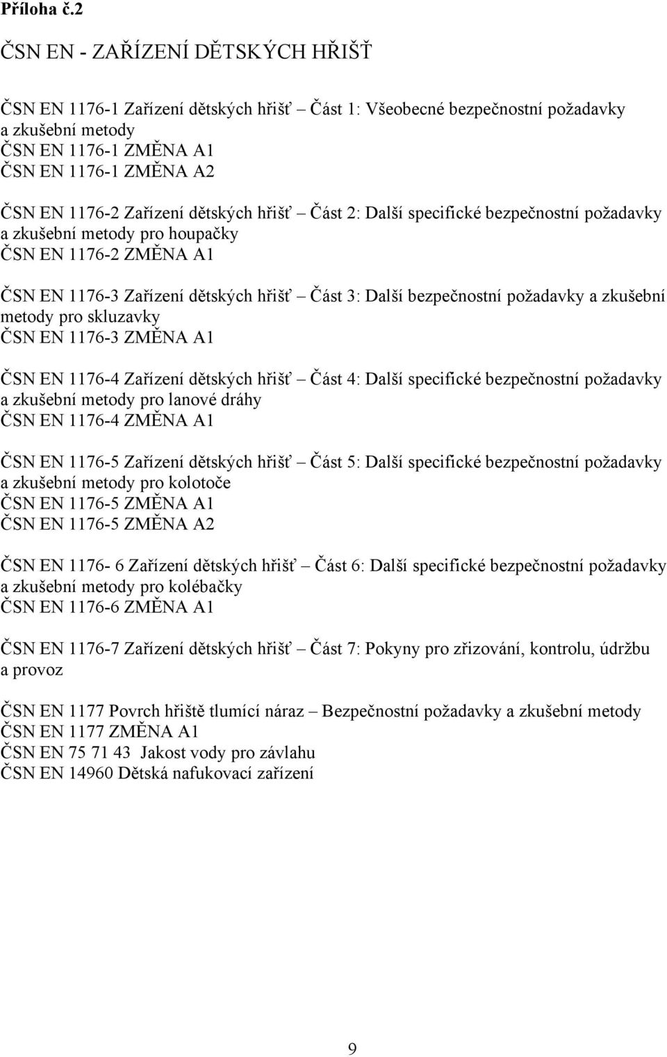 Zařízení dětských hřišť Část 2: Další specifické bezpečnostní požadavky a zkušební metody pro houpačky ČSN EN 1176-2 ZMĚNA A1 ČSN EN 1176-3 Zařízení dětských hřišť Část 3: Další bezpečnostní