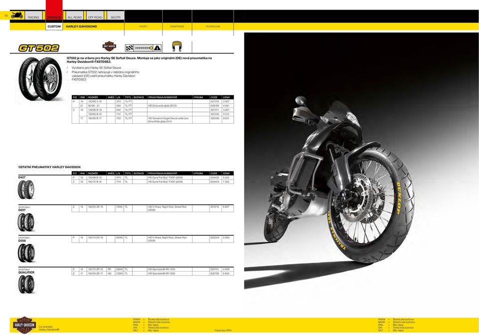 PRVOVÝBAVA/KOMENTÁŘ VÝROBA CODE CENA* P 19 100/90 V 19 57V TL/TT 627374 3 907 21 80/90-21 54V TL/TT HD Dina wide glide (2010) 628184 4 061 Z 16 130/90 B 16 64V TL/TT 627371 4 267 150/80 B 16 71V
