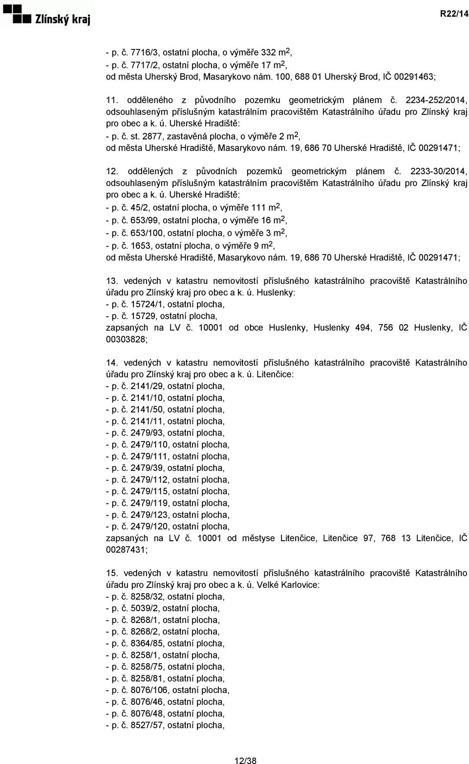 2877, zastavěná plocha, o výměře 2 m 2, od města Uherské Hradiště, Masarykovo nám. 19, 686 70 Uherské Hradiště, IČ 00291471; 12. oddělených z původních pozemků geometrickým plánem č.