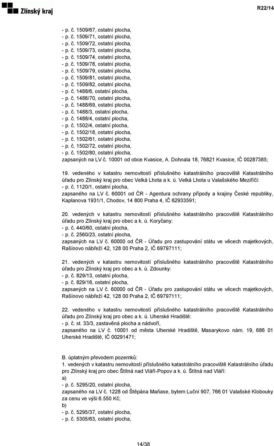 č. 1488/4, ostatní plocha, - p. č. 1502/4, ostatní plocha, - p. č. 1502/18, ostatní plocha, - p. č. 1502/61, ostatní plocha, - p. č. 1502/72, ostatní plocha, - p. č. 1502/80, ostatní plocha, zapsaných na LV č.