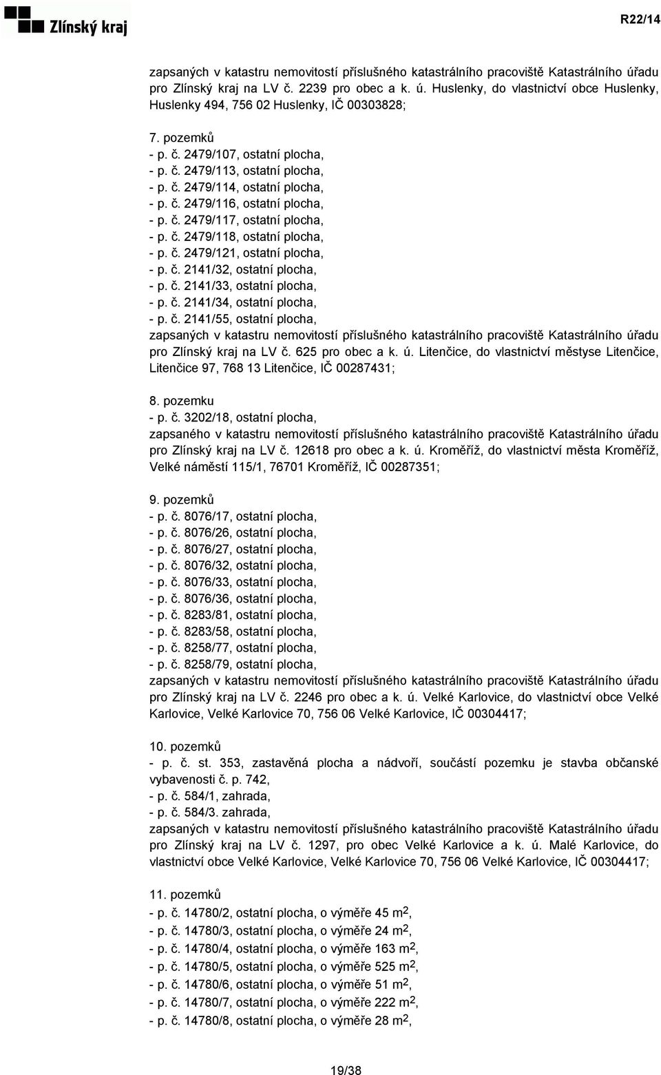 č. 2479/121, ostatní plocha, - p. č. 2141/32, ostatní plocha, - p. č. 2141/33, ostatní plocha, - p. č. 2141/34, ostatní plocha, - p. č. 2141/55, ostatní plocha, zapsaných v katastru nemovitostí příslušného katastrálního pracoviště Katastrálního úřadu pro Zlínský kraj na LV č.