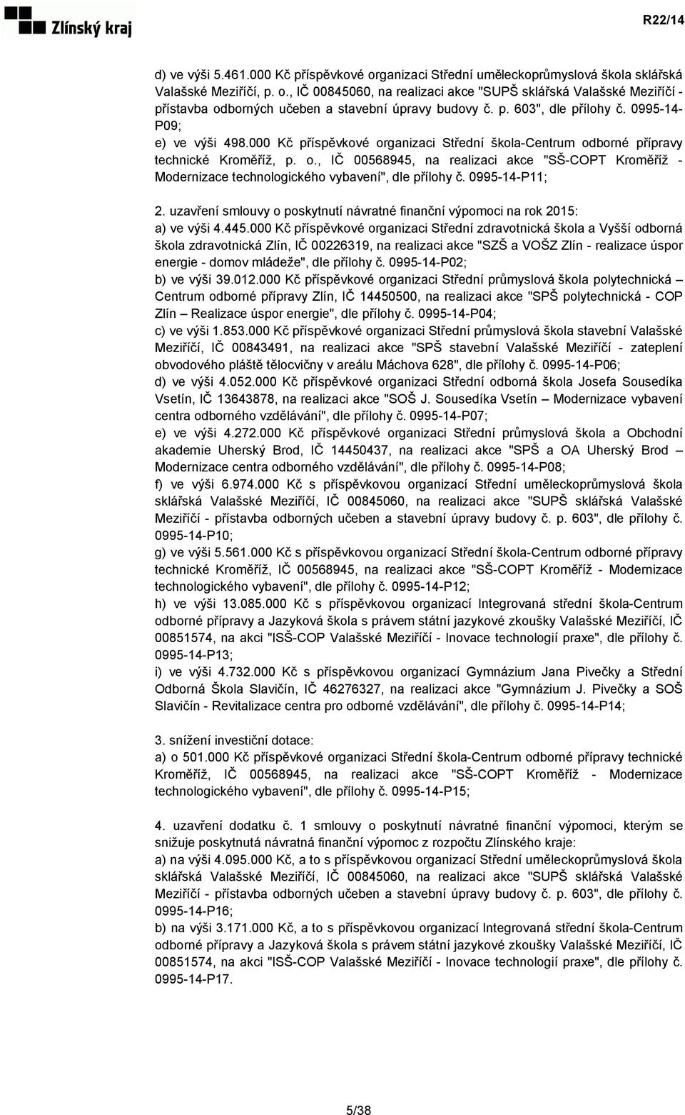 0995-14-P11; 2. uzavření smlouvy o poskytnutí návratné finanční výpomoci na rok 2015: a) ve výši 4.445.