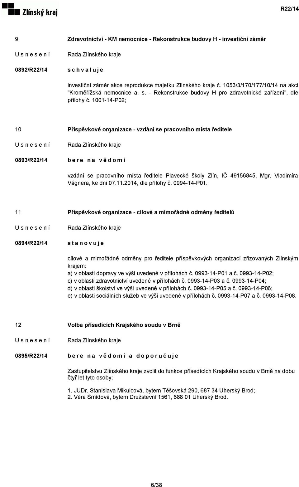 1001-14-P02; 10 Příspěvkové organizace - vzdání se pracovního místa ředitele 0893/R22/14 bere na vědomí vzdání se pracovního místa ředitele Plavecké školy Zlín, IČ 49156845, Mgr.