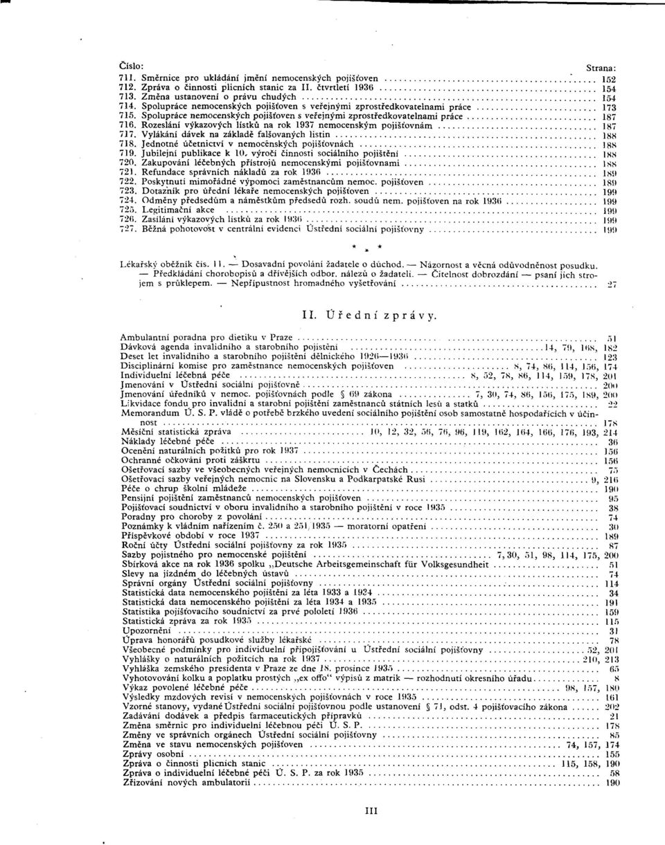 Rozesláni vykazovych lístkú na rok 1937 nemocenskym pojisíovnám 187 717. Vylákání dávek na základé falsovanych listín \^^ 718. Jednotné úíetnictvi v nemocenskych pojisíovnách ] 8S 719.