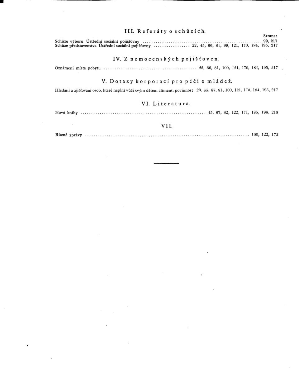 170, 184, 195, 217 IV. Z nemocenskych pojisíoven. Oznámeni mista pobytu 22, 66, 81, 100, 121, 170, 184, 19.5, 217 V.