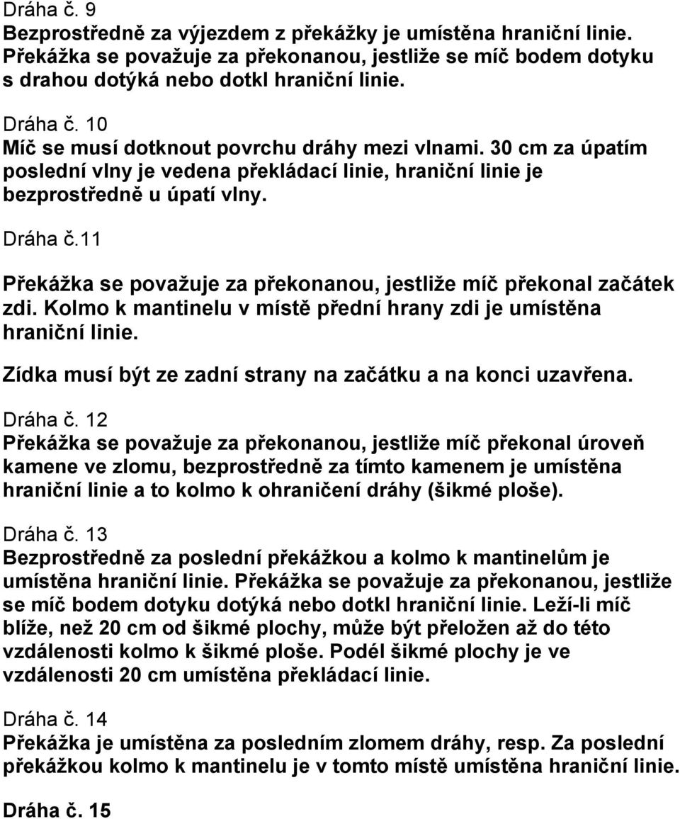 11 Překážka se považuje za překonanou, jestliže míč překonal začátek zdi. Kolmo k mantinelu v místě přední hrany zdi je umístěna hraniční linie.