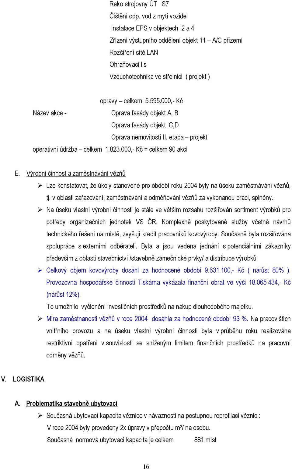 000,- Kč Název akce - Oprava fasády objekt A, B Oprava fasády objekt C,D Oprava nemovitostí II. etapa projekt operativní údržba celkem 1.823.000,- Kč = celkem 90 akcí E.