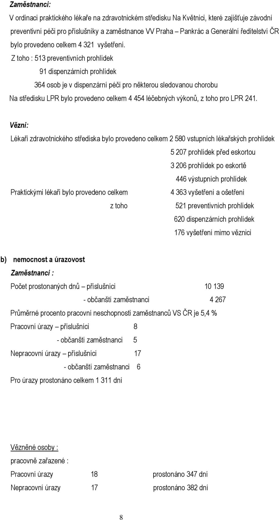 Z toho : 513 preventivních prohlídek 91 dispenzárních prohlídek 364 osob je v dispenzární péči pro některou sledovanou chorobu Na středisku LPR bylo provedeno celkem 4 454 léčebných výkonů, z toho