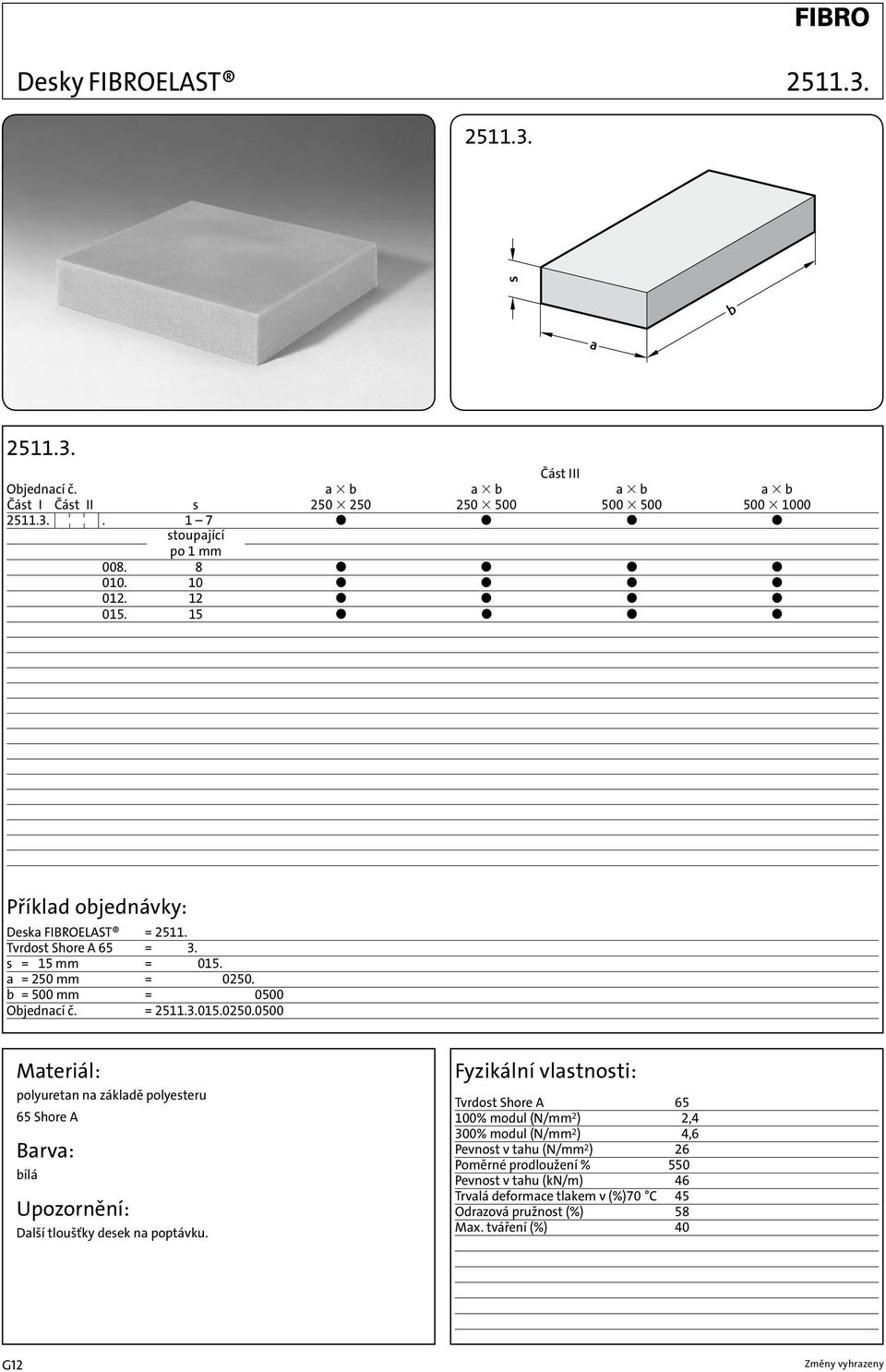 = 2511.3.015.0250.0500 Materiál: polyuretan na základě polyesteru 65 Shore A Barva: bílá Upozornění: Další tloušťky desek na poptávku.