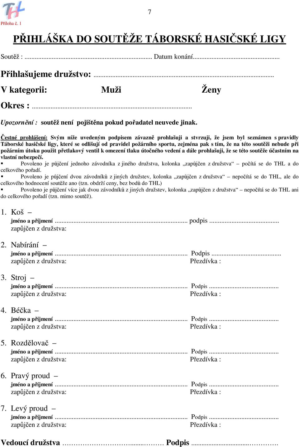 Čestné prohlášení: Svým níže uvedeným podpisem závazně prohlašuji a stvrzuji, že jsem byl seznámen s pravidly Táborské hasičské ligy, které se odlišují od pravidel požárního sportu, zejména pak s