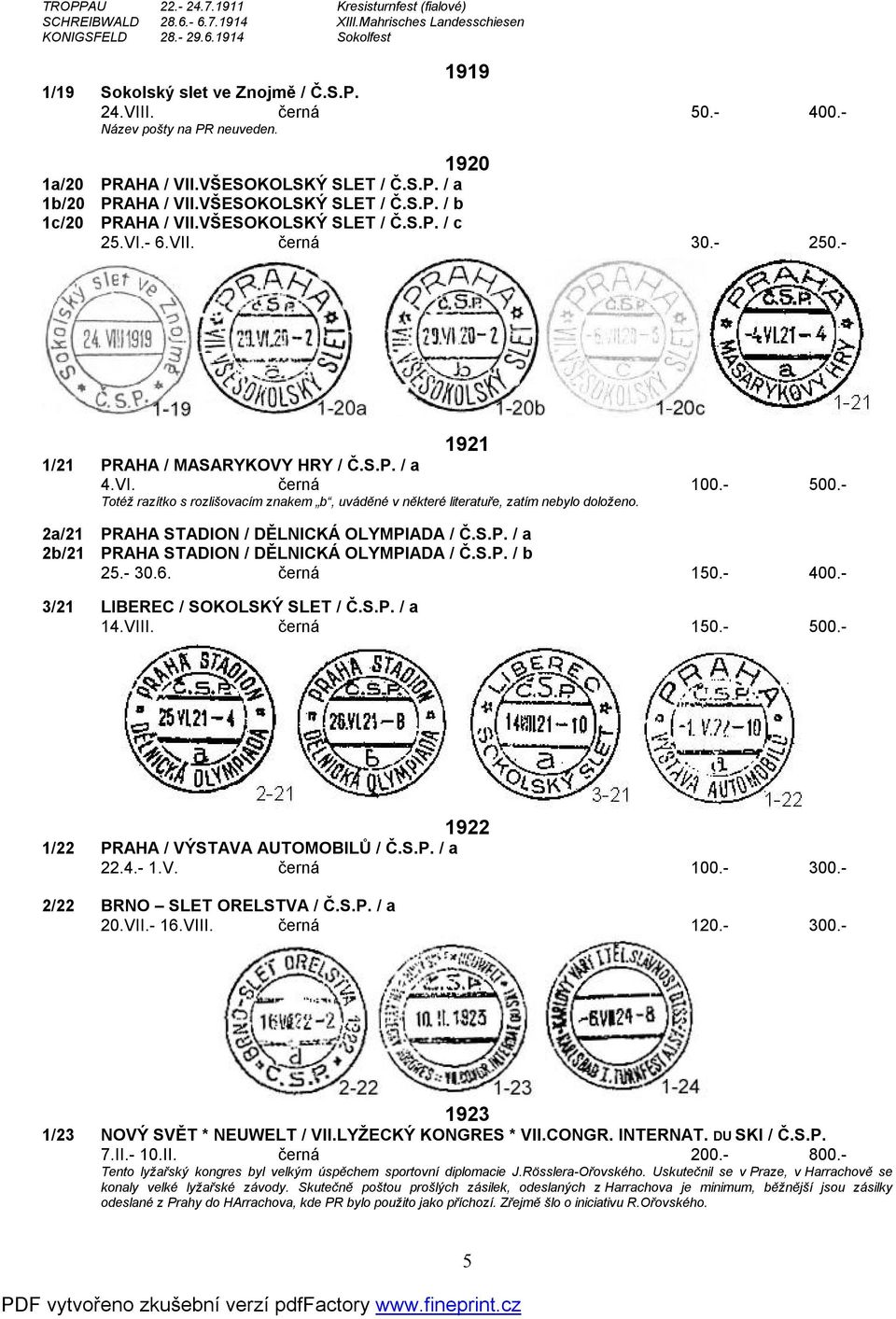 VII. černá 30.- 250.- 1921 1/21 PRAHA / MASARYKOVY HRY / Č.S.P. / a 4.VI. černá 100.- 500.- Totéž razítko s rozlišovacím znakem b, uváděné v některé literatuře, zatím nebylo doloženo.