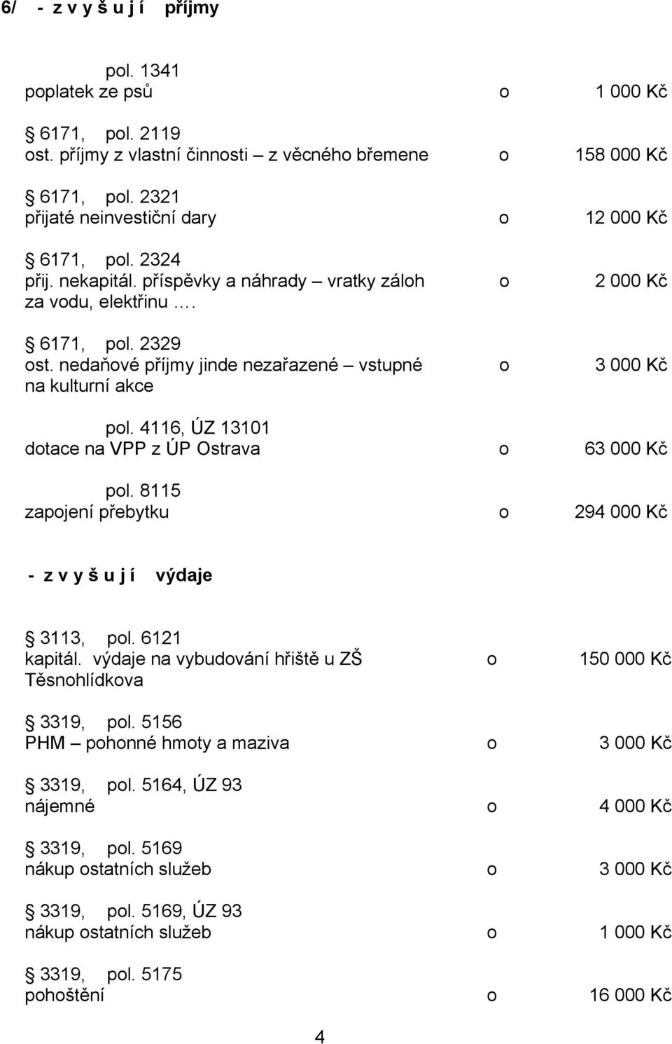 nedaňvé příjmy jinde nezařazené vstupné na kulturní akce 2 000 Kč 3 000 Kč pl. 4116, ÚZ 13101 dtace na VPP z ÚP Ostrava 63 000 Kč pl. 8115 zapjení přebytku 294 000 Kč 3113, pl.