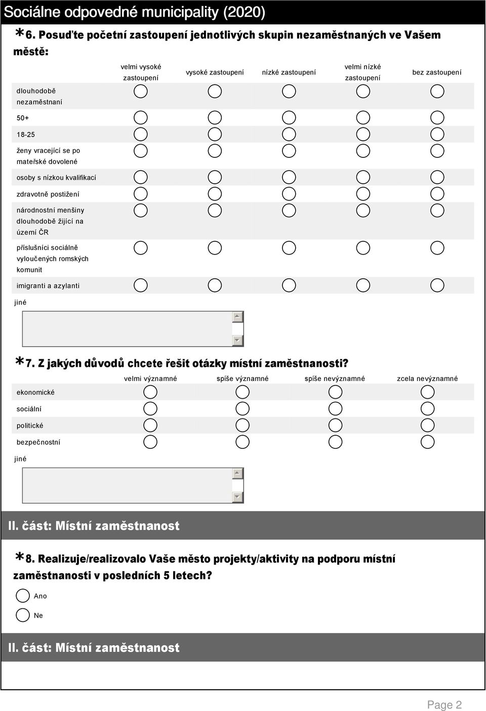 území ČR příslušníci sociálně vyloučených romských komunit imigranti a azylanti 7. Z jakých důvodů chcete řešit otázky místní zaměstnanosti?