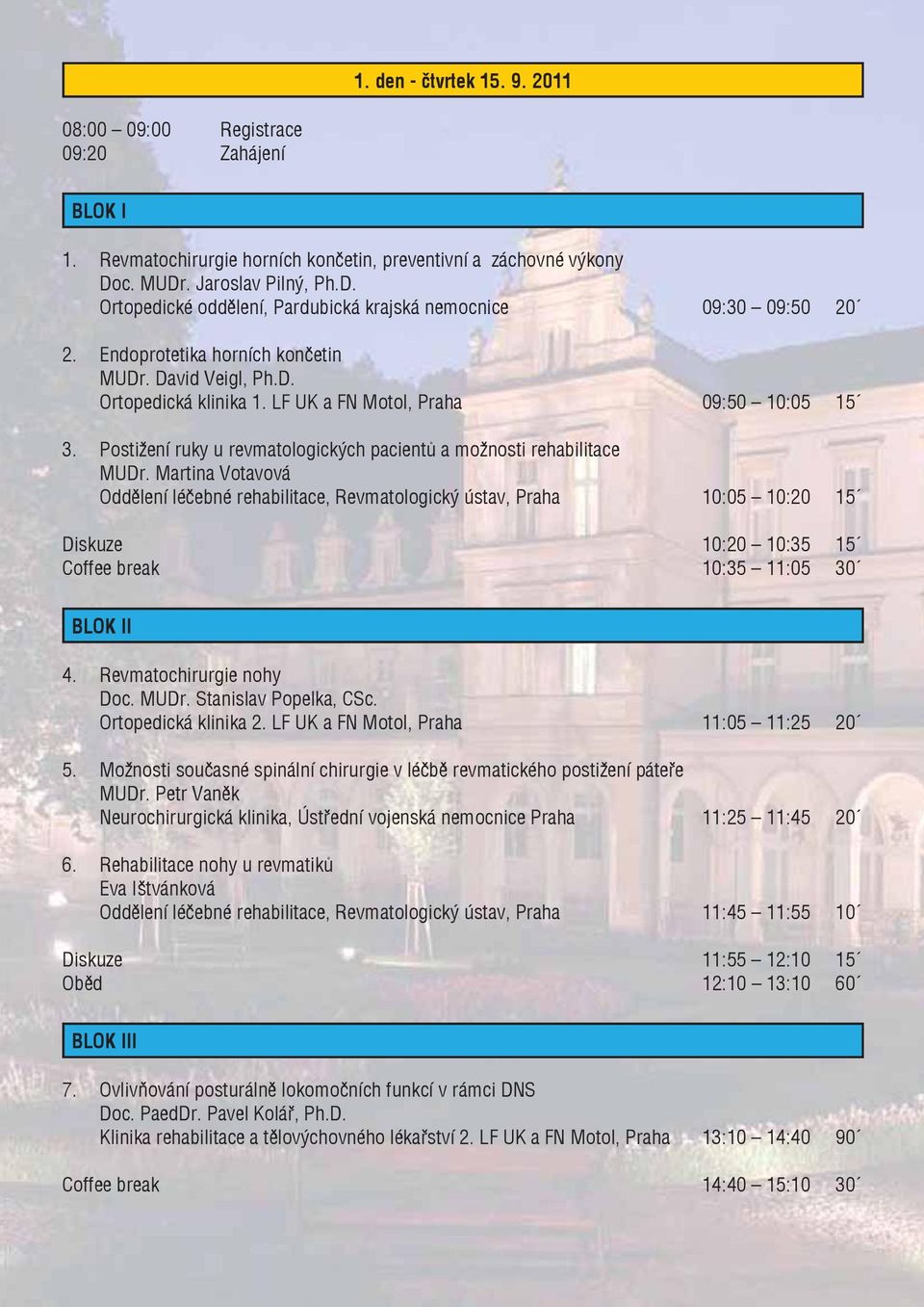 LF UK a FN Motol, Praha 09:50 10:05 15 3. Postižení ruky u revmatologických pacientů a možnosti rehabilitace MUDr.