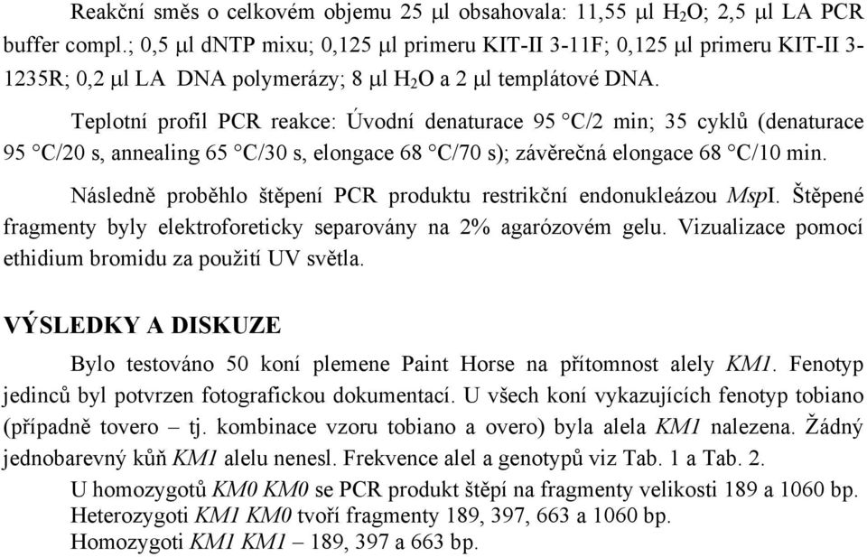 Teplotní profil PCR reakce: Úvodní denaturace 95 C/2 min; 35 cyklů (denaturace 95 C/20 s, annealing 65 C/30 s, elongace 68 C/70 s); závěrečná elongace 68 C/10 min.