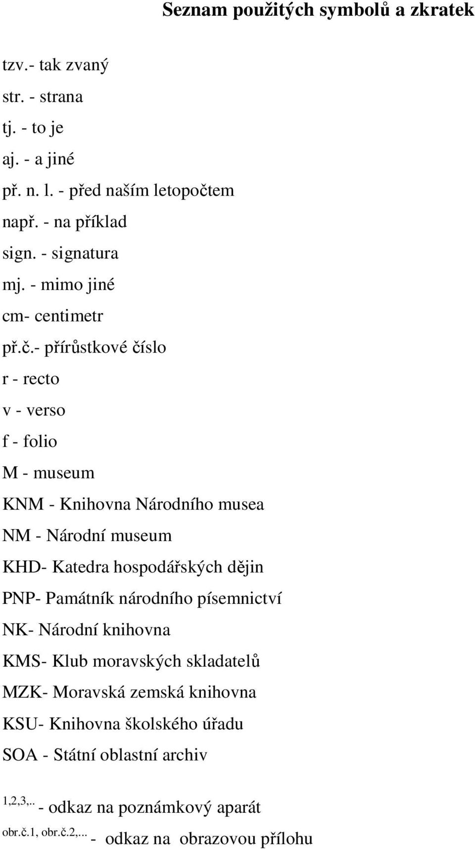 - přírůstkové číslo r - recto v - verso f - folio M - museum KNM - Knihovna Národního musea NM - Národní museum KHD- Katedra hospodářských dějin PNP-