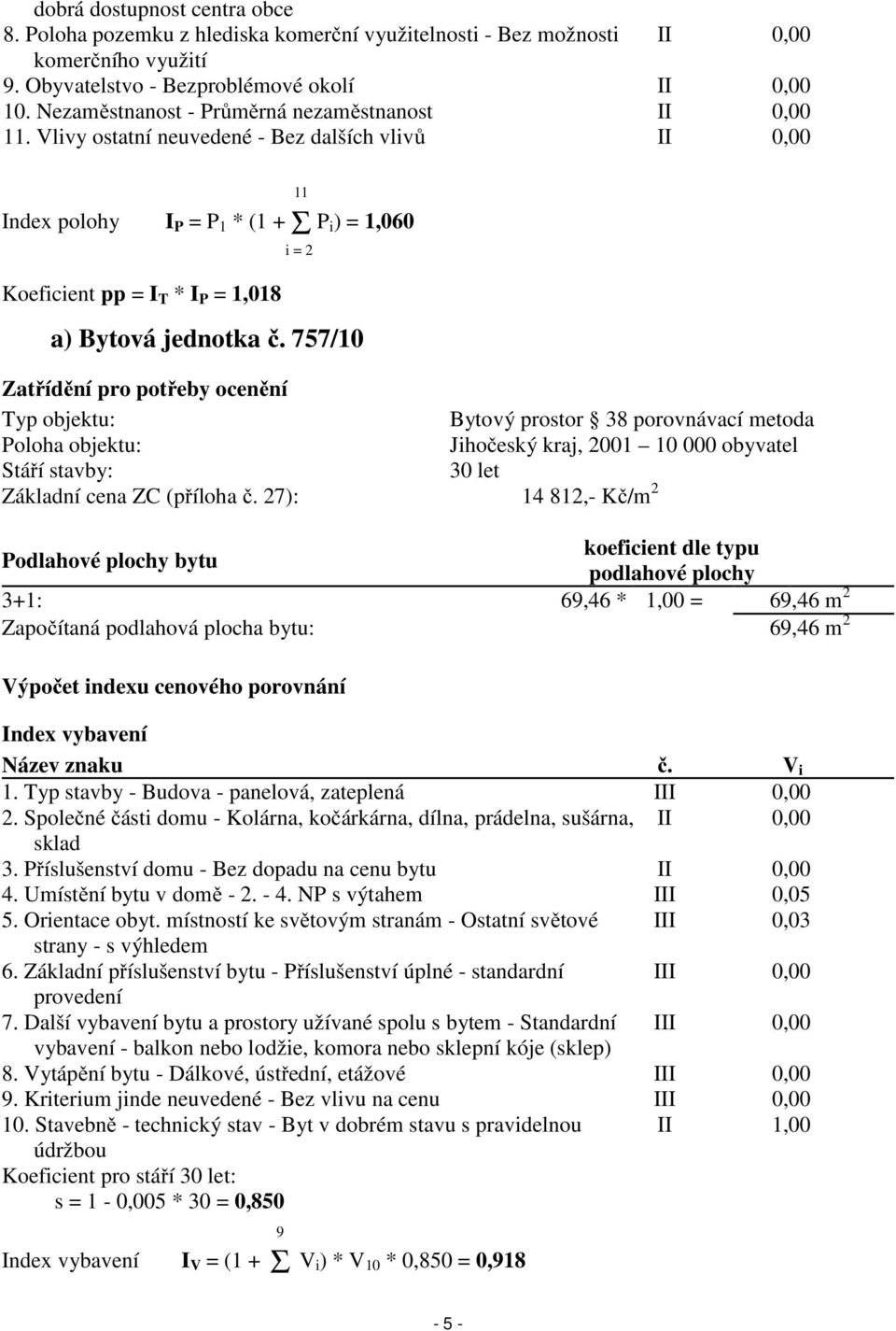 Vlivy ostatní neuvedené - Bez dalších vlivů II 0,00 Index polohy I P = P 1 * (1 + Σ P i ) = 1,060 Koeficient pp = I T * I P = 1,018 11 i = 2 a) Bytová jednotka č.