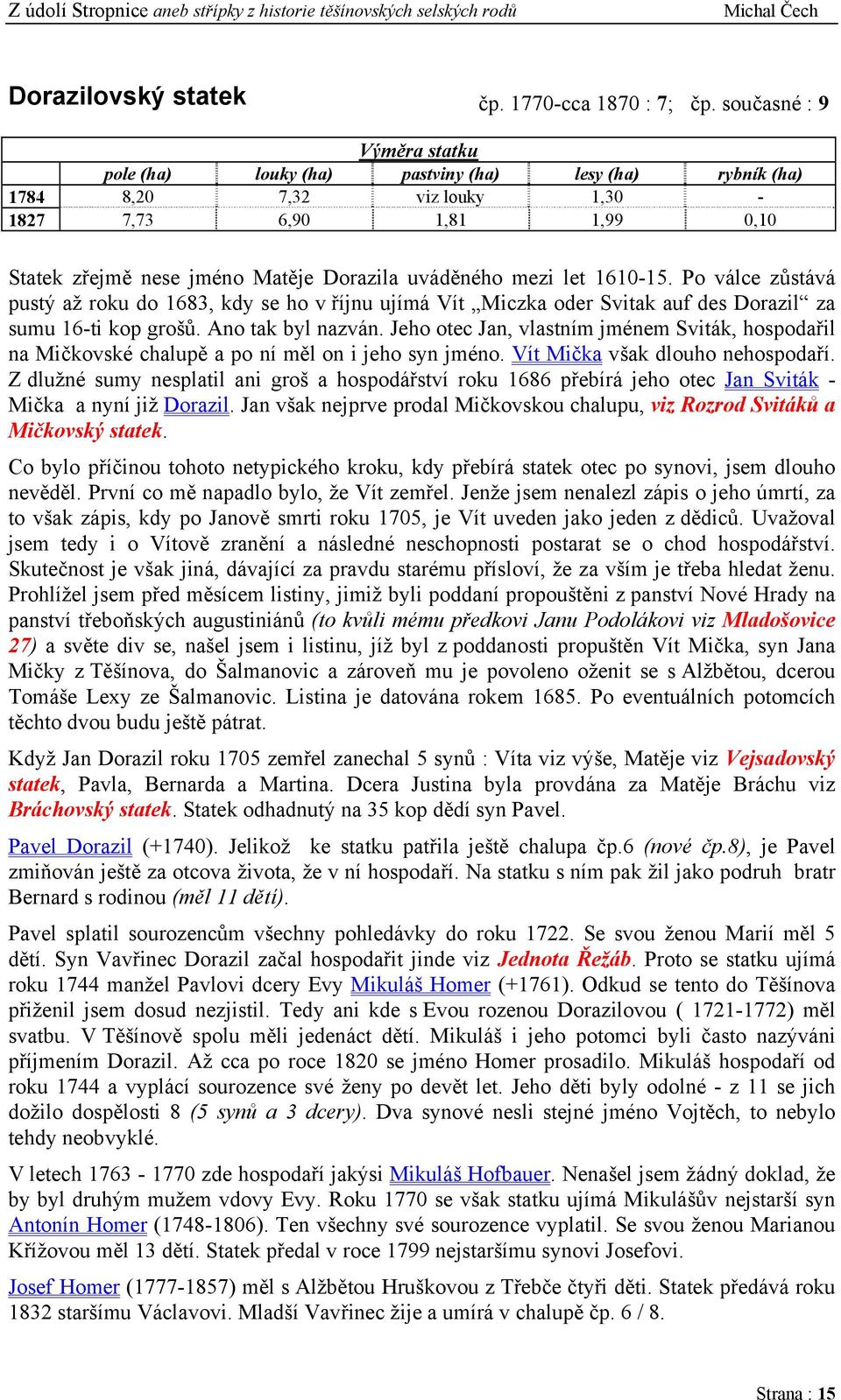 let 1610-15. Po válce zůstává pustý až roku do 1683, kdy se ho v říjnu ujímá Vít Miczka oder Svitak auf des Dorazil za sumu 16-ti kop grošů. Ano tak byl nazván.