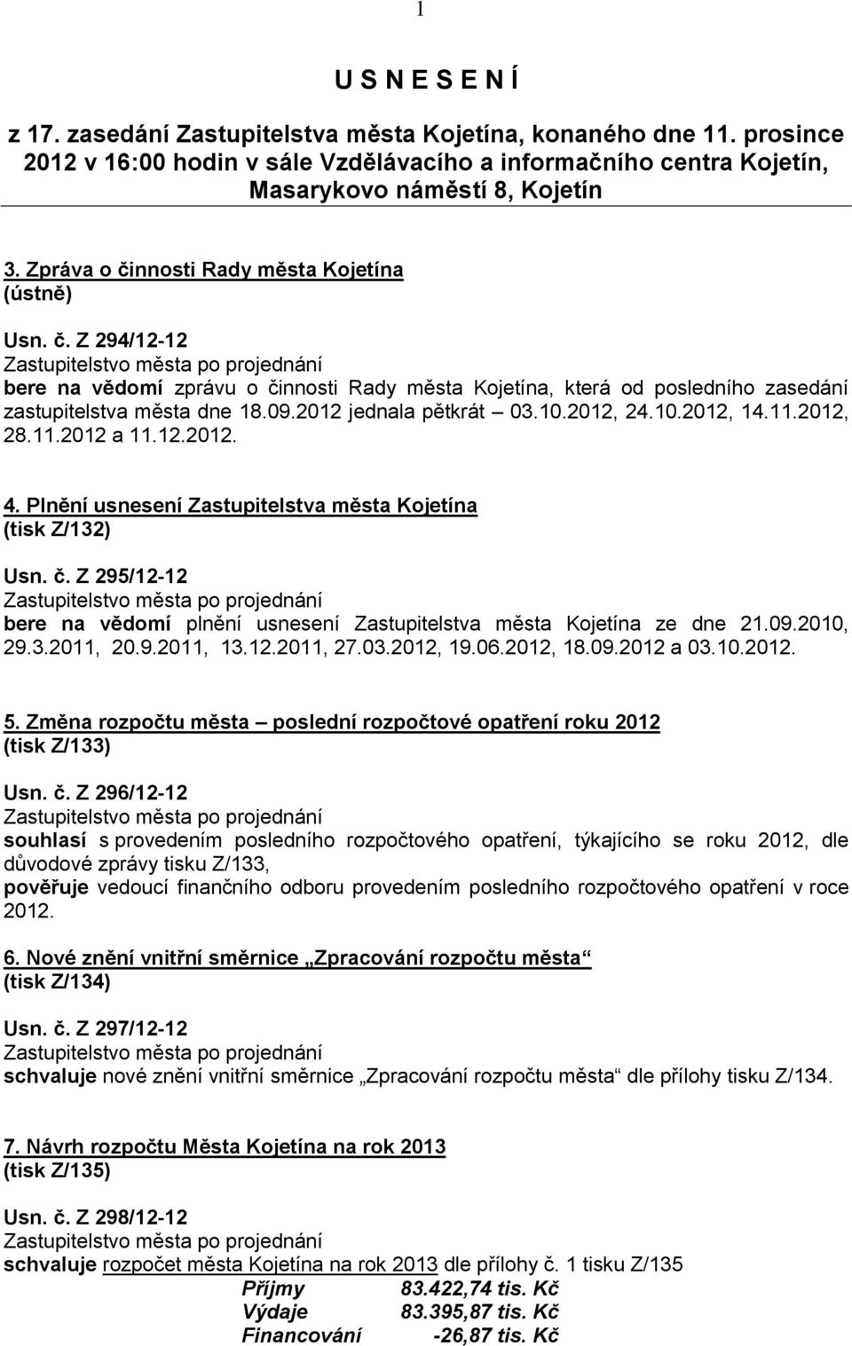 2012 jednala pětkrát 03.10.2012, 24.10.2012, 14.11.2012, 28.11.2012 a 11.12.2012. 4. Plnění usnesení Zastupitelstva města Kojetína (tisk Z/132) Usn. č.