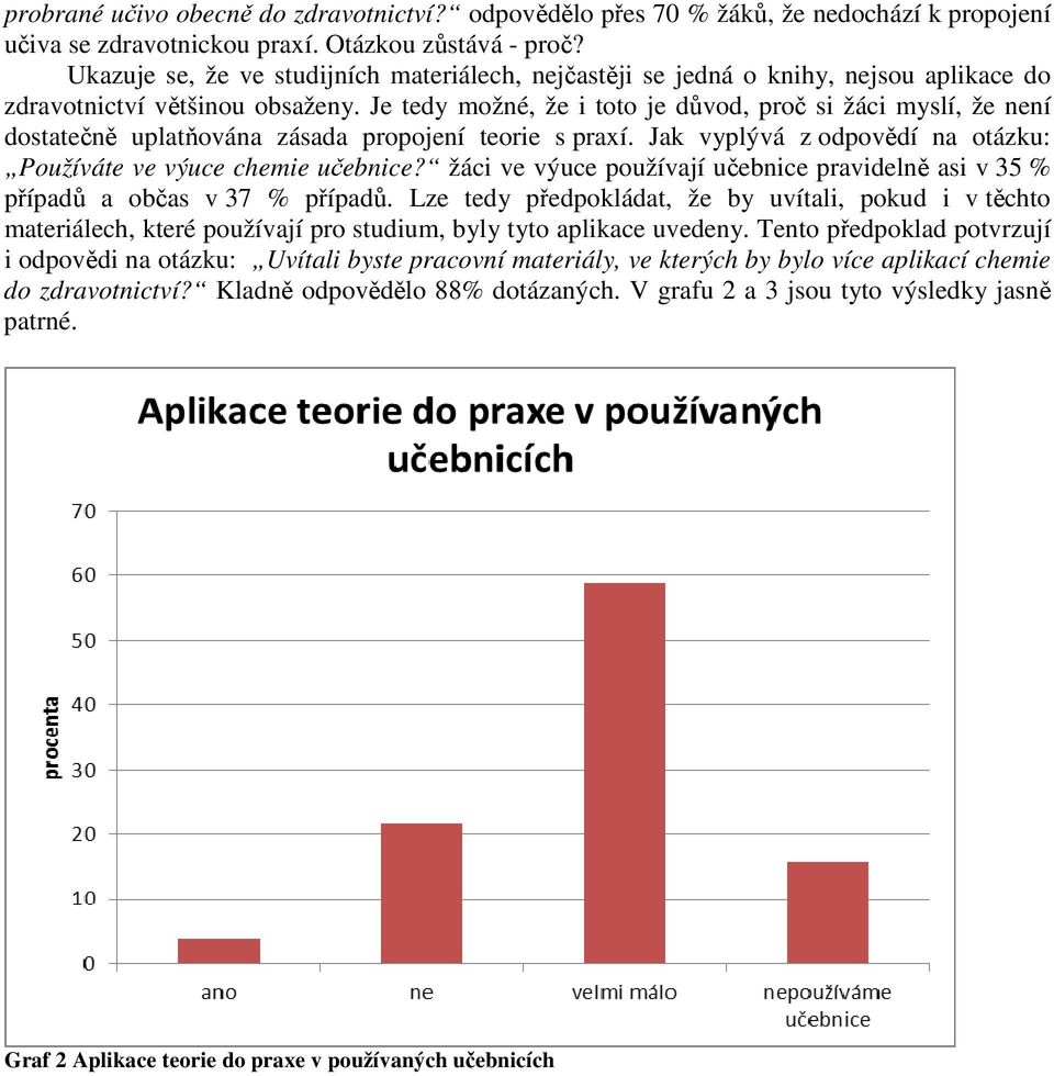 Je tedy možné, že i toto je důvod, proč si žáci myslí, že není dostatečně uplatňována zásada propojení teorie s praxí. Jak vyplývá z odpovědí na otázku: Používáte ve výuce chemie učebnice?