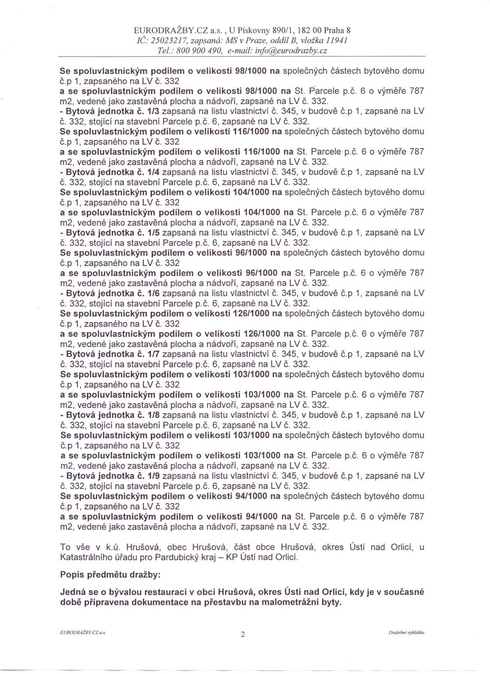 p 1, zapsané na LV Se spoluvlastnickým podílem o velikosti 116/1000 na společných částech bytového domu a se spoluvlastnickým podílem o velikosti 116/1000 na St. Parcele p.č. 6 o výměře 787 - Bytová jednotka č.